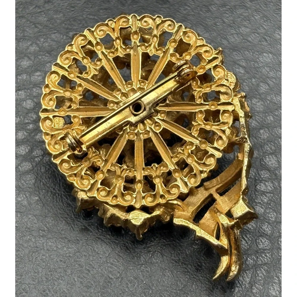 Vintage Gold Tone Blue Rhinestone Faux Pearl Brooch Pin Floral Statement